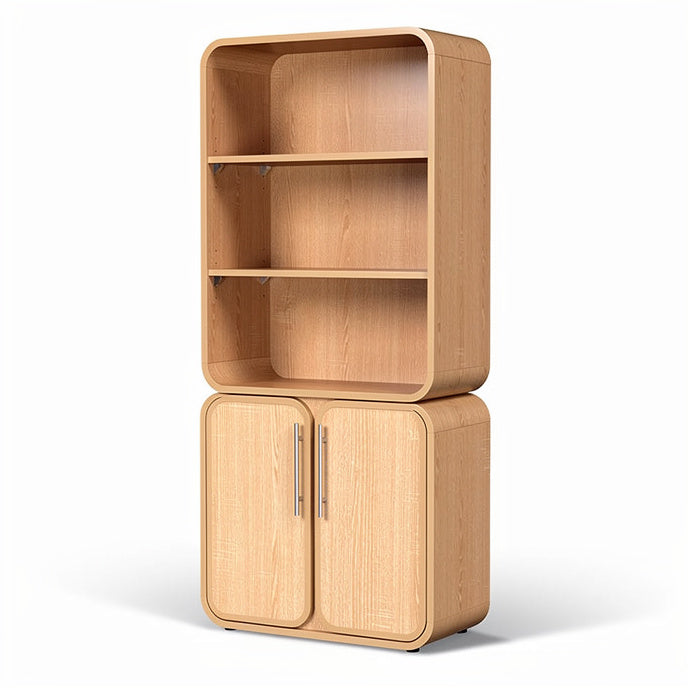 **Modern Wooden Bookshelf with Double Doors and Open Shelves**