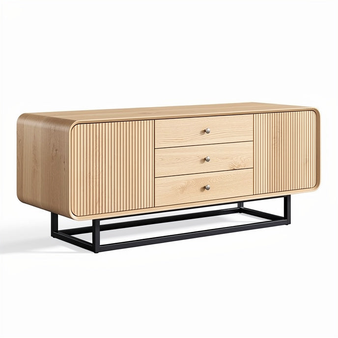 **Modern Minimalist Wooden Console Table with Ribbed Design and Metal Base**