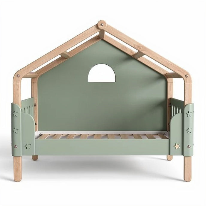 **Children's House-Shaped Toddler Bed with Wooden Frame and Star Accents**
