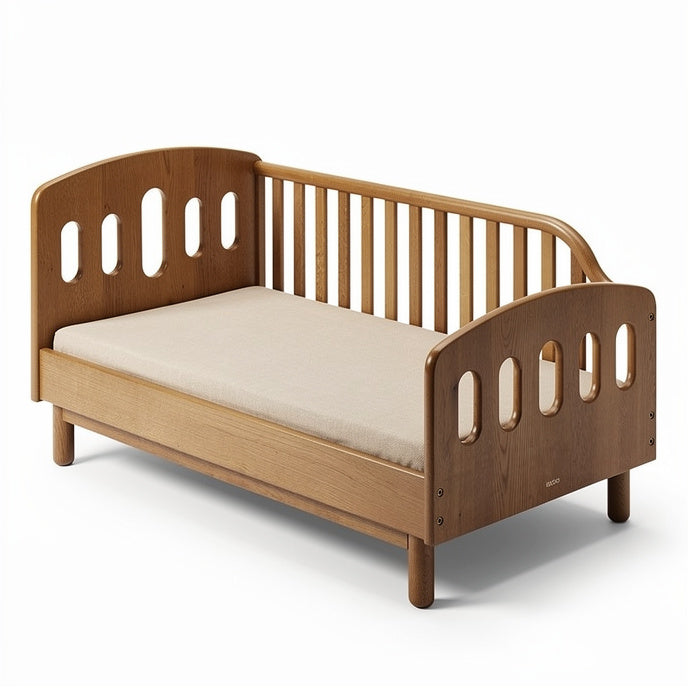 **Compact Wooden Toddler Bed with Safety Rail and Oval Cutouts**