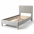 **Modern Upholstered Bed Frame with Wooden Legs and Slatted Base**